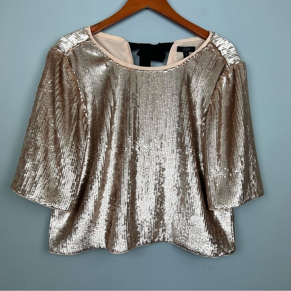 NWT J.crew Bianca rose gold Sequined crepe Top size 10 Black ribbon Bow back - Picture 5 of 16
